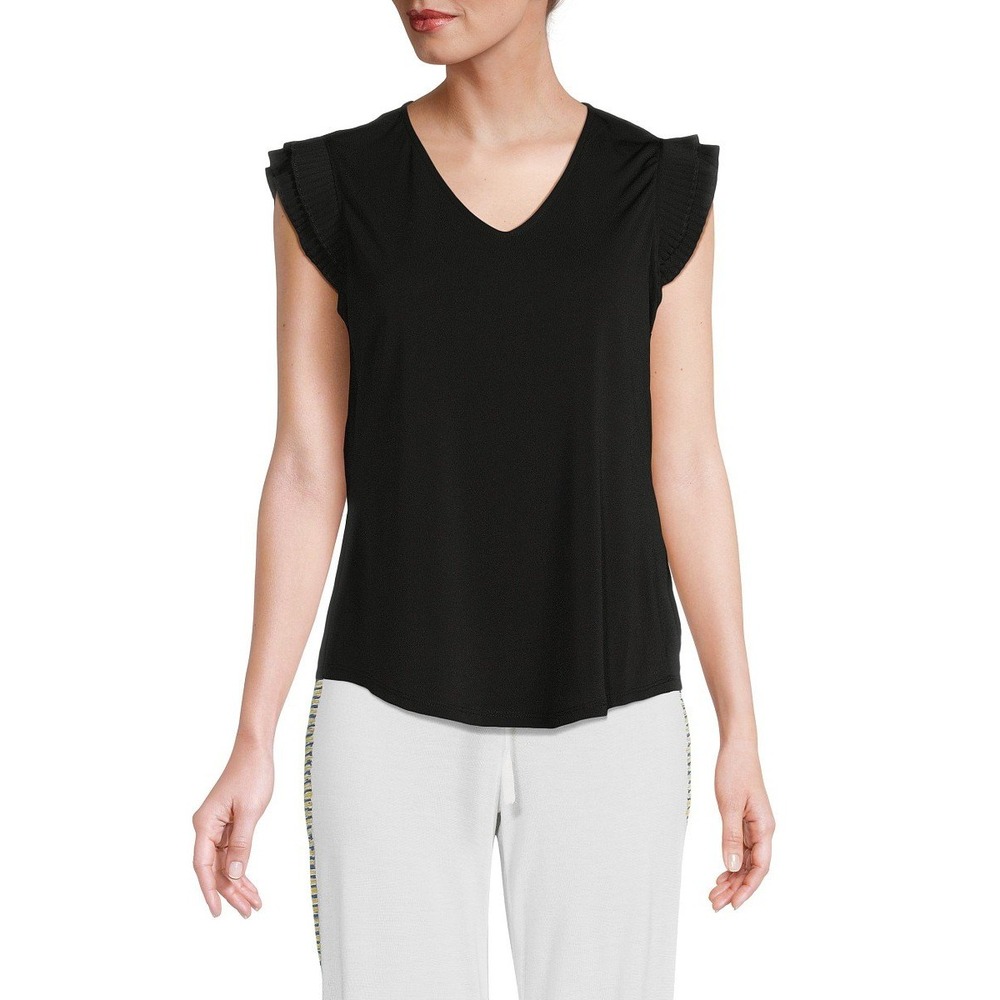 Adrianna‎ Papell Women's Women's Pleated Flutter Sleeve Top Black Size Large NWT